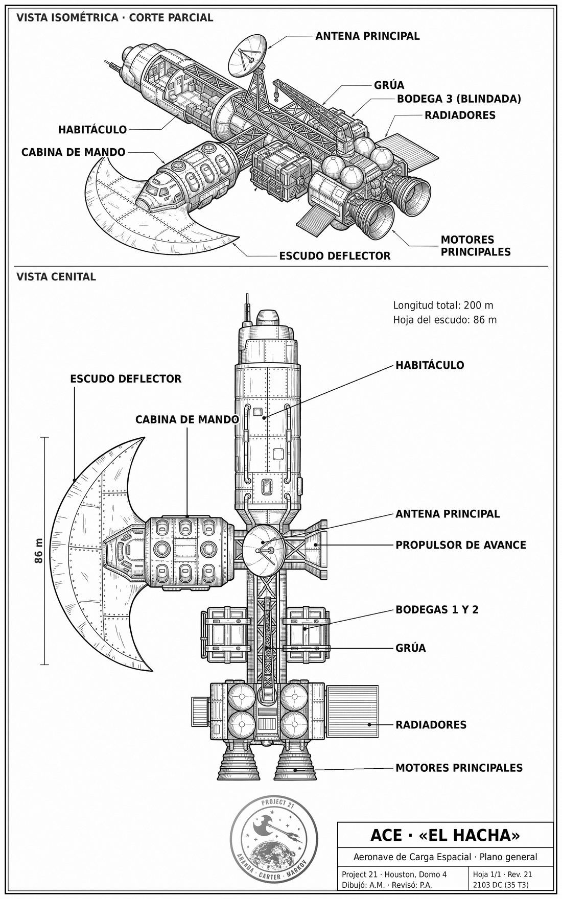 Plano técnico de la nave ACE, vista general
