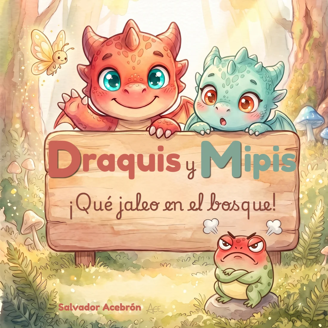 Portada de Draquis y Mipis: ¡Qué jaleo en el bosque!, con dos dragoncitos, uno coral y otra turquesa, asomados a un cartel de madera en un bosque de acuarela y una rana enfurruñada